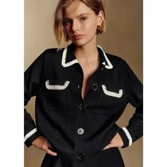 NWT Sézane Gilet Betty Wool Cardigan XXL Black Crochet Trim Button Front - Picture 4 of 10